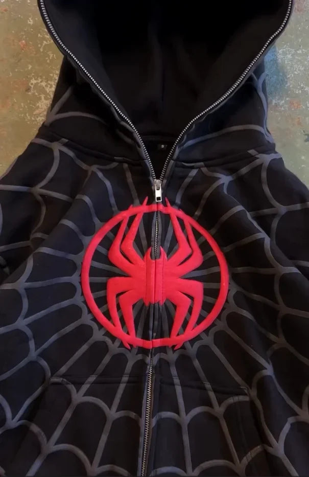 Y2K American Spider Embroidered Zip-Up Hoodie – Gothic Harajuku Casual Sweatshirt for Men & Women