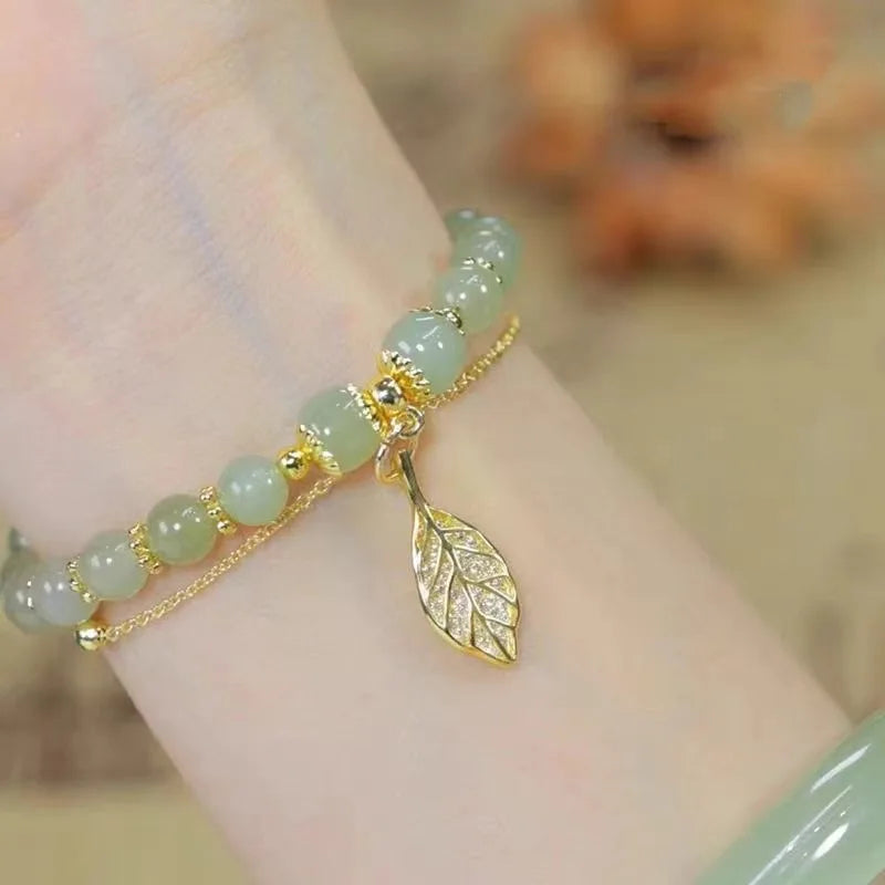 Chinese Style Green Jade Double Chain Bracelet – Gold Leaf W  rist Bangle for Women