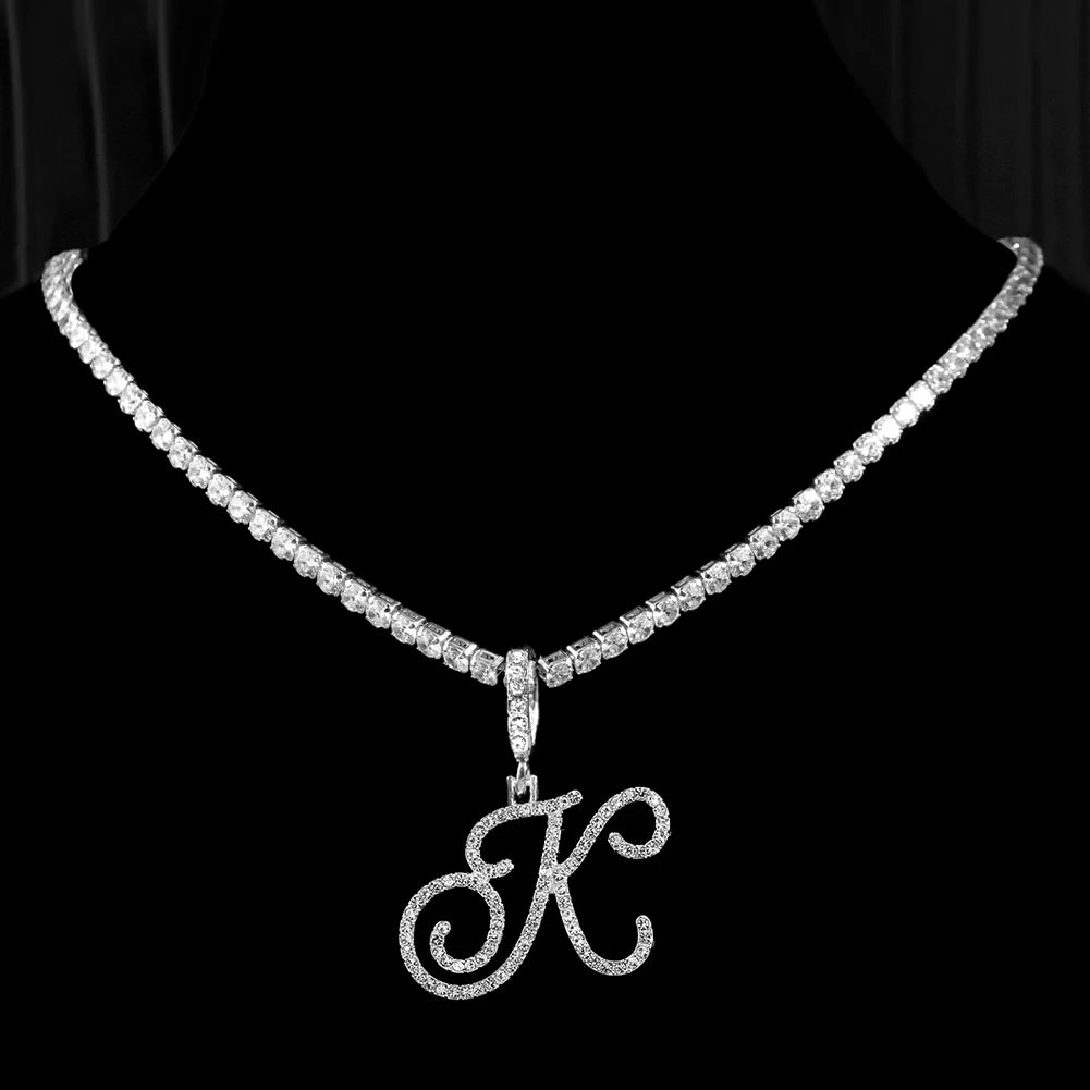 Cursive Letter Name Necklace – CZ Alphabet Pendant Hip Hop Jewelry