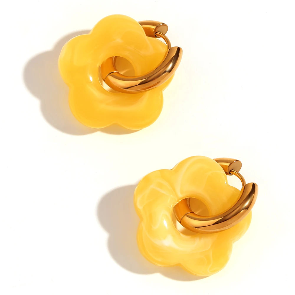 Colorful Resin Flower Hoop Earrings – Waterproof Stainless Steel Women’s Jewelry