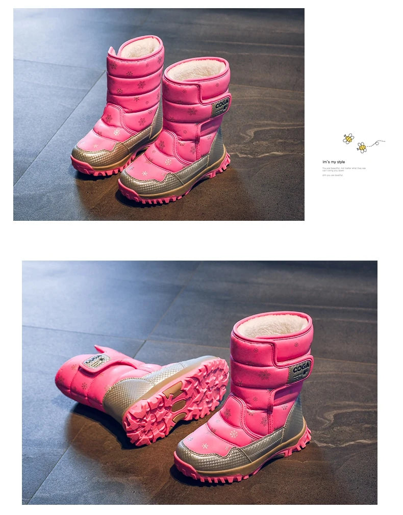 Winter Kids Snow Boots – Warm Plush Pink Ankle Shoes for Girls Boys, Non-Slip Outdoor Footwear