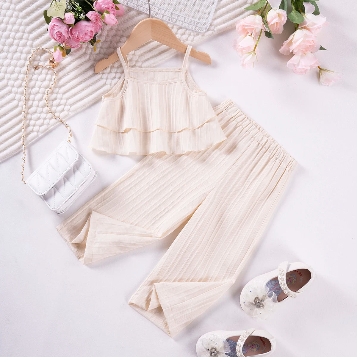 Girls Solid Color Suspenders Dress Set – Ruffles Top & Wide Leg Pants, Elegant Summer Outfit