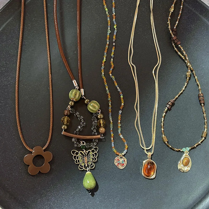 Vintage Brown Stone Pendant Necklace – Long Leather Rope Women’s Jewelry