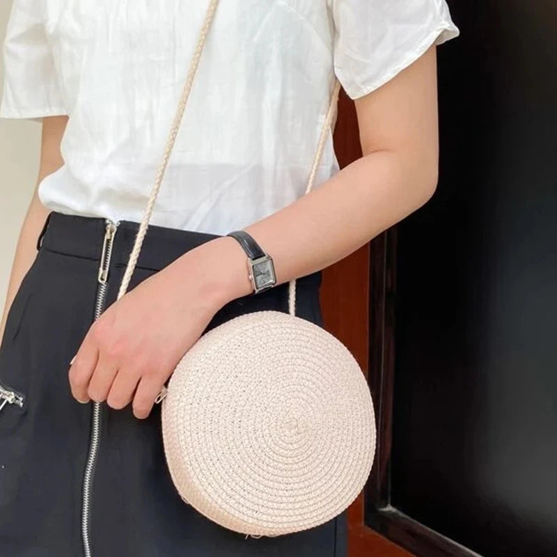 Round Straw Woven Beach Crossbody Bag – Cute Rattan Shoulder Handbag for Women