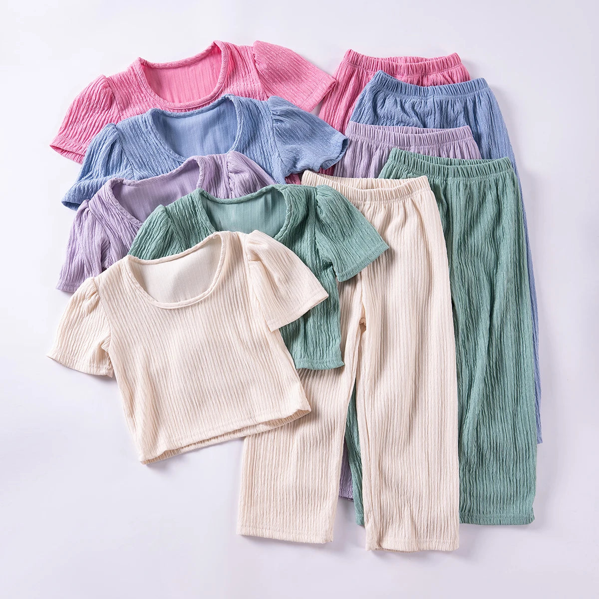 Girls Solid Color Suspenders Dress Set – Ruffles Top & Wide Leg Pants, Elegant Summer Outfit