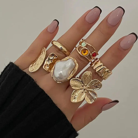 Ingemark 2025 Irregular Metal Flower Open Ring – Elegant Baroque Pearl Jewelry for Women