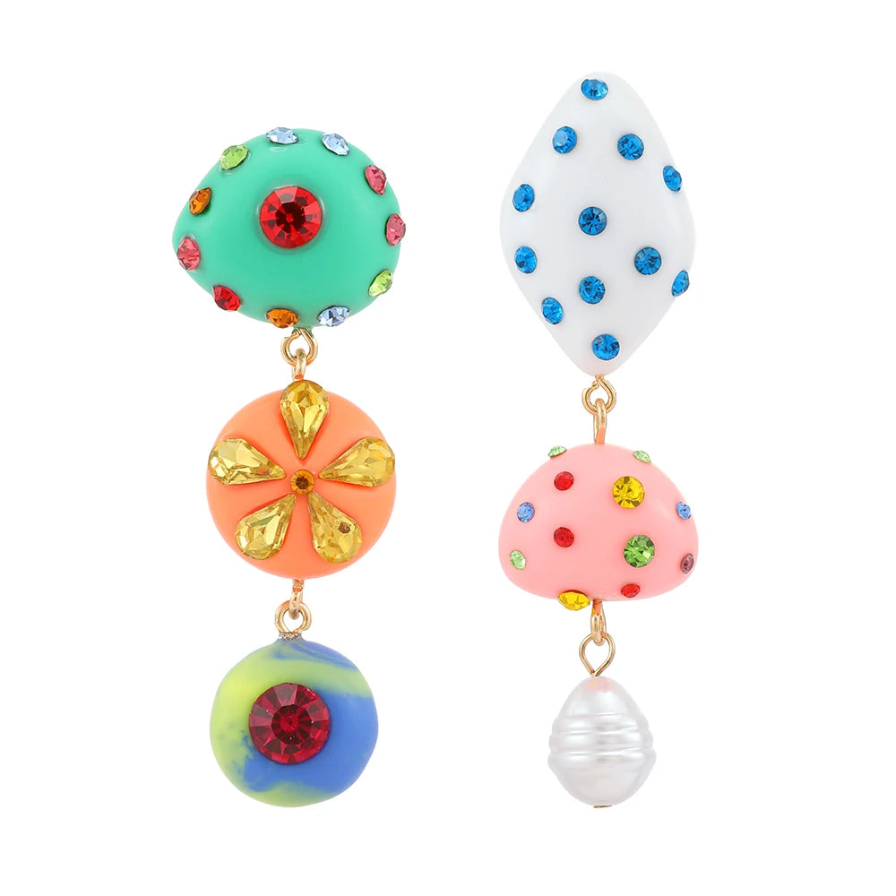 Cute Multicolor Resin Dangle Earrings – Asymmetrical Rhinestone Women’s Jewelry