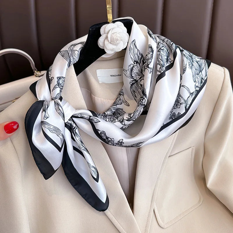 2025 New 70x70cm Printed Women’s Silk Scarf – Luxury Pashmina Square Shawl & Headband