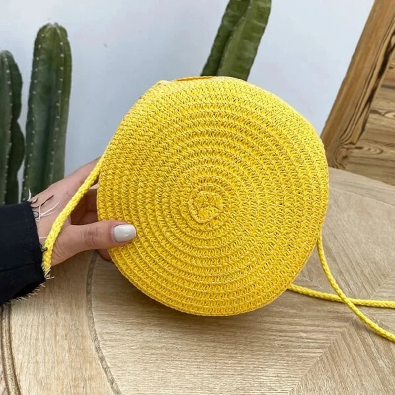Round Straw Woven Beach Crossbody Bag – Cute Rattan Shoulder Handbag for Women