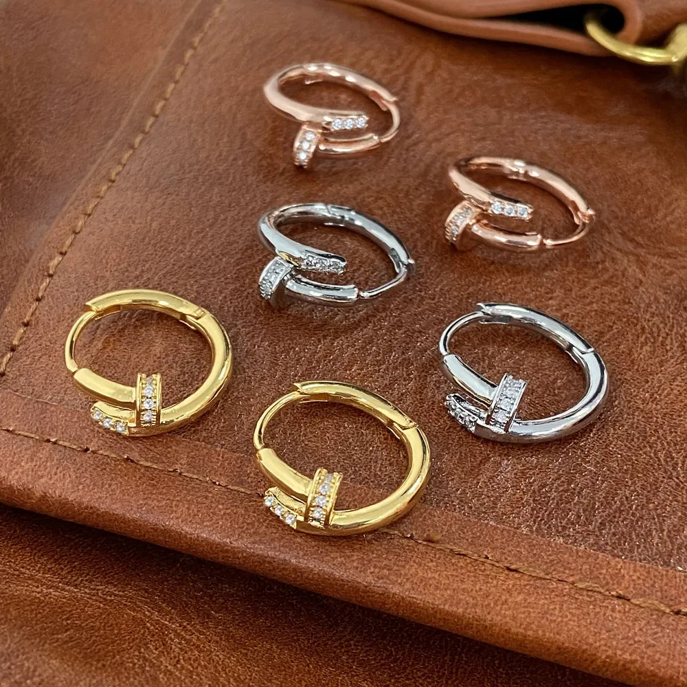 925 Sterling Silver Zircon Nail Hoop Earrings – Minimalist Trendy Jewelry for Women