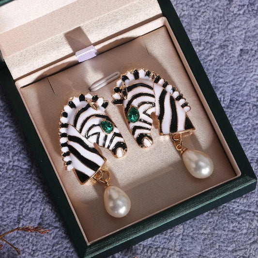 Zebra Head Pearl Drop Earrings – Statement Animal Jewelry for Women