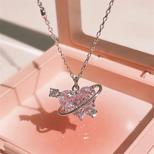 Y2K Pink Planet Heart Zircon Pendant Necklace – Aesthetic Clavicle Jewelry for Women