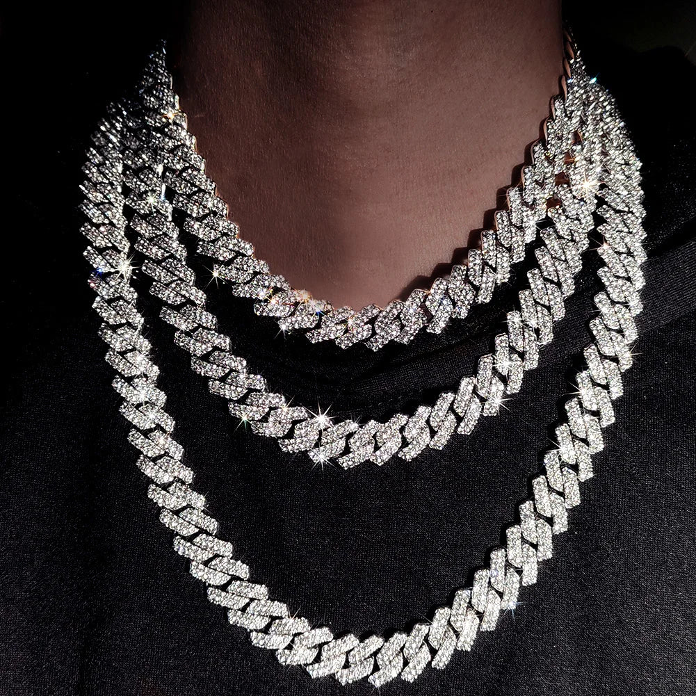 Prong Cuban Link Chain Necklace – 2-Row Iced Out Rhinestone Hip Hop Jewelry for Men & Women