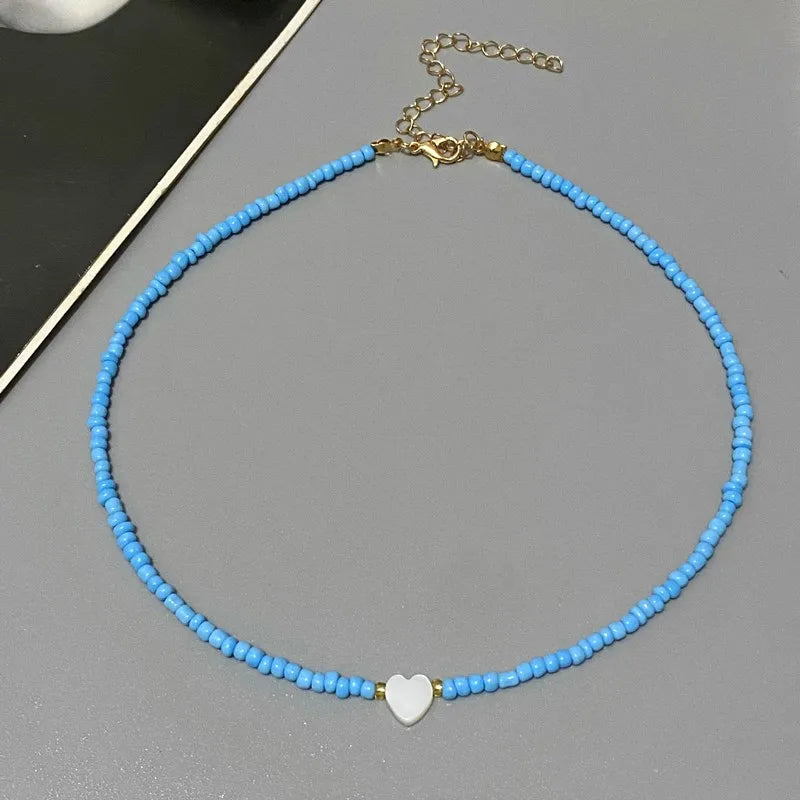 Nature Shell Love Heart Choker Necklace – Colorful Glass Beads Spring Summer Gift for Girls