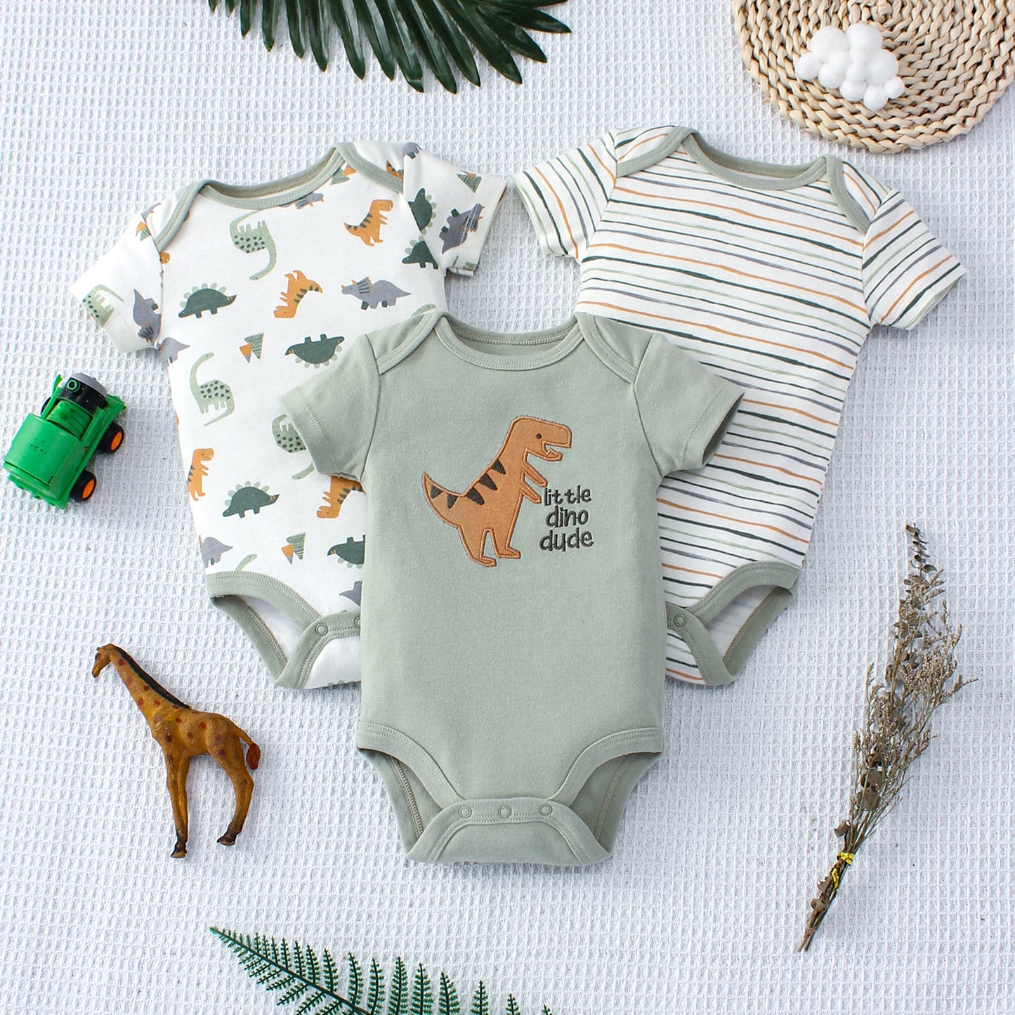 3PCS Summer Baby Bodysuit Set – Dinosaur & Stripe Pattern for Boys 0-9 Months