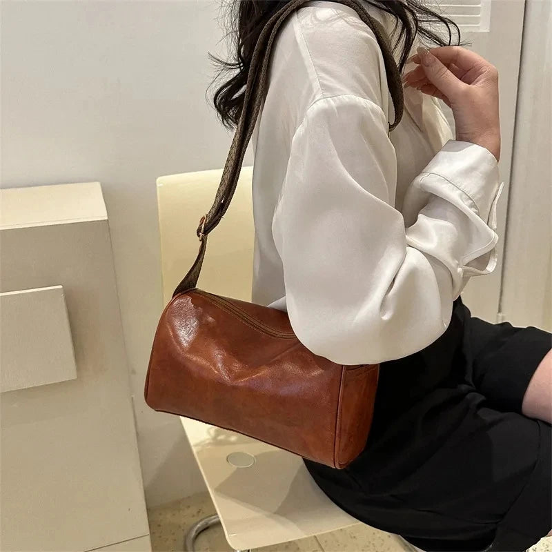 Vintage PU Leather Boston Handbag – Small Designer Crossbody & Travel Shoulder Bag for Women