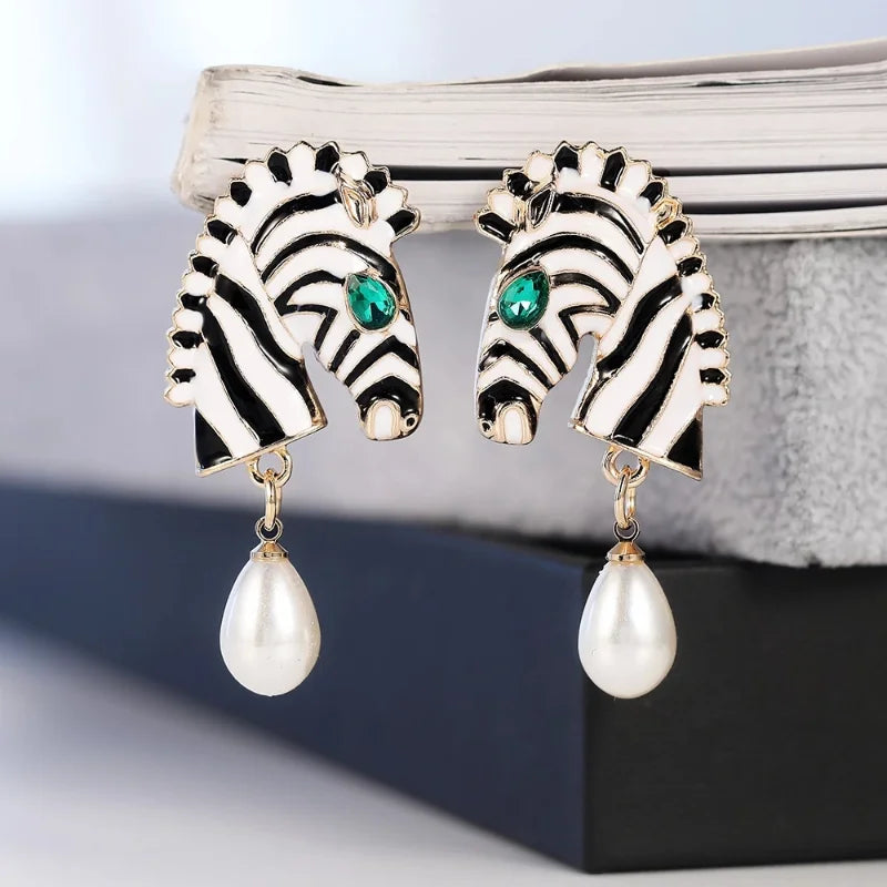 Zebra Head Pearl Drop Earrings – Statement Animal Jewelry for Women