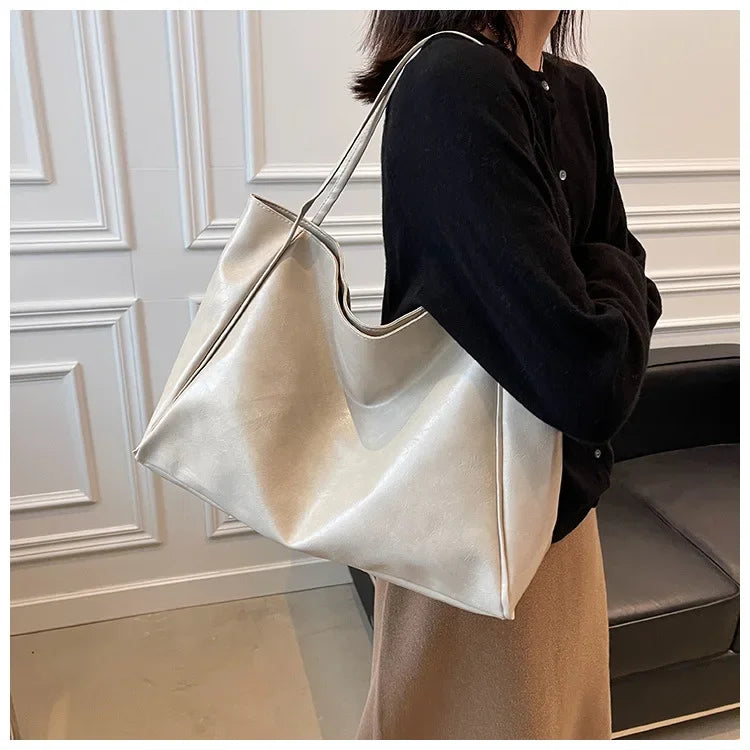 Women’s Retro PU Leather Tote – Large Soft Shoulder/Crossbody Bucket Bag