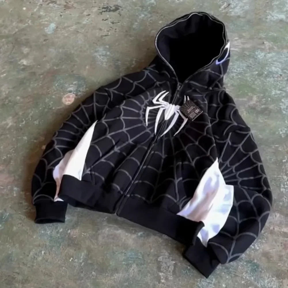 Harajuku Spider Web Embroidered Hoodie – Women’s Y2K Oversized Gothic Zip-Up Sweatshirt.