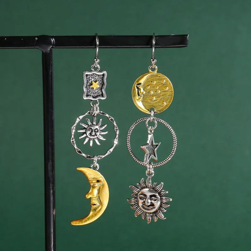 Greek Mythology Sun & Moon Face Earrings – Asymmetric Creative Pendant Jewelry for Women