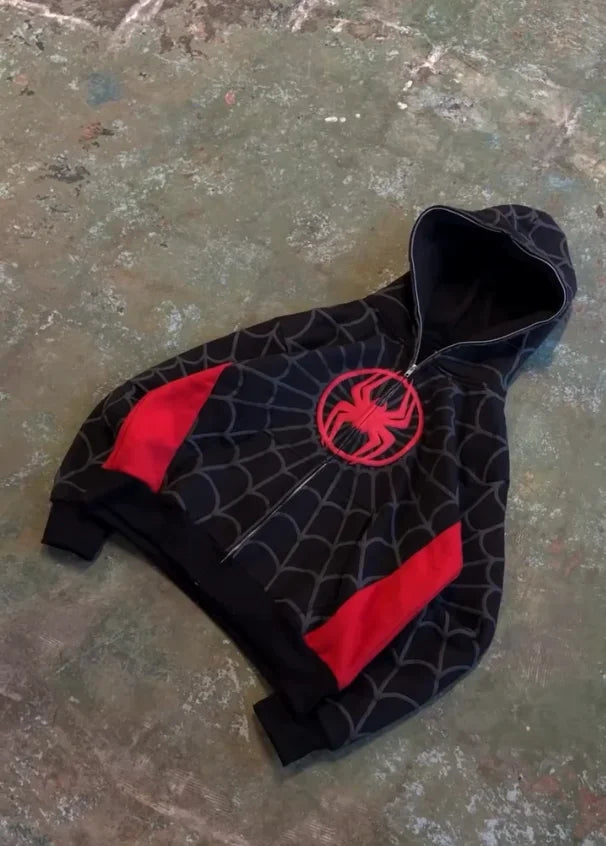 Y2K American Spider Embroidered Zip-Up Hoodie – Gothic Harajuku Casual Sweatshirt for Men & Women