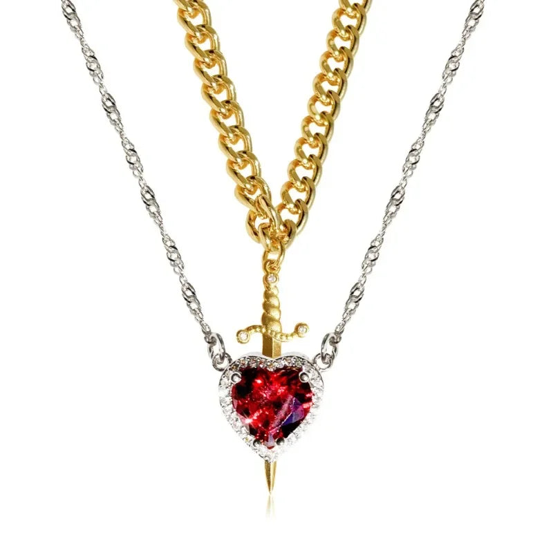 Heart & Sword Couple Necklace – 18K Gold Plated Stainless Steel Zircon Jewelry Set