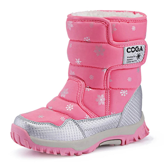 Winter Kids Snow Boots – Warm Plush Pink Ankle Shoes for Girls Boys, Non-Slip Outdoor Footwear