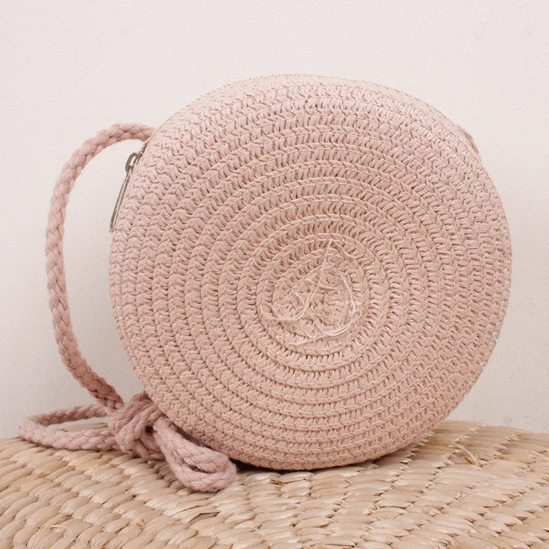 Round Straw Woven Beach Crossbody Bag – Cute Rattan Shoulder Handbag for Women