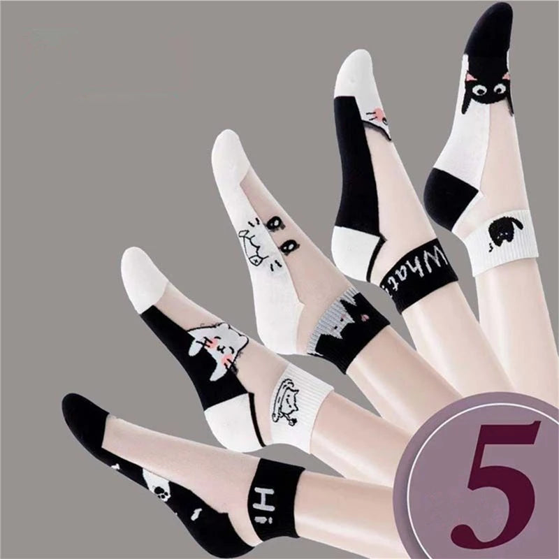 Sheer Cat Print Ankle Socks – 5 Pairs Breathable Summer Set