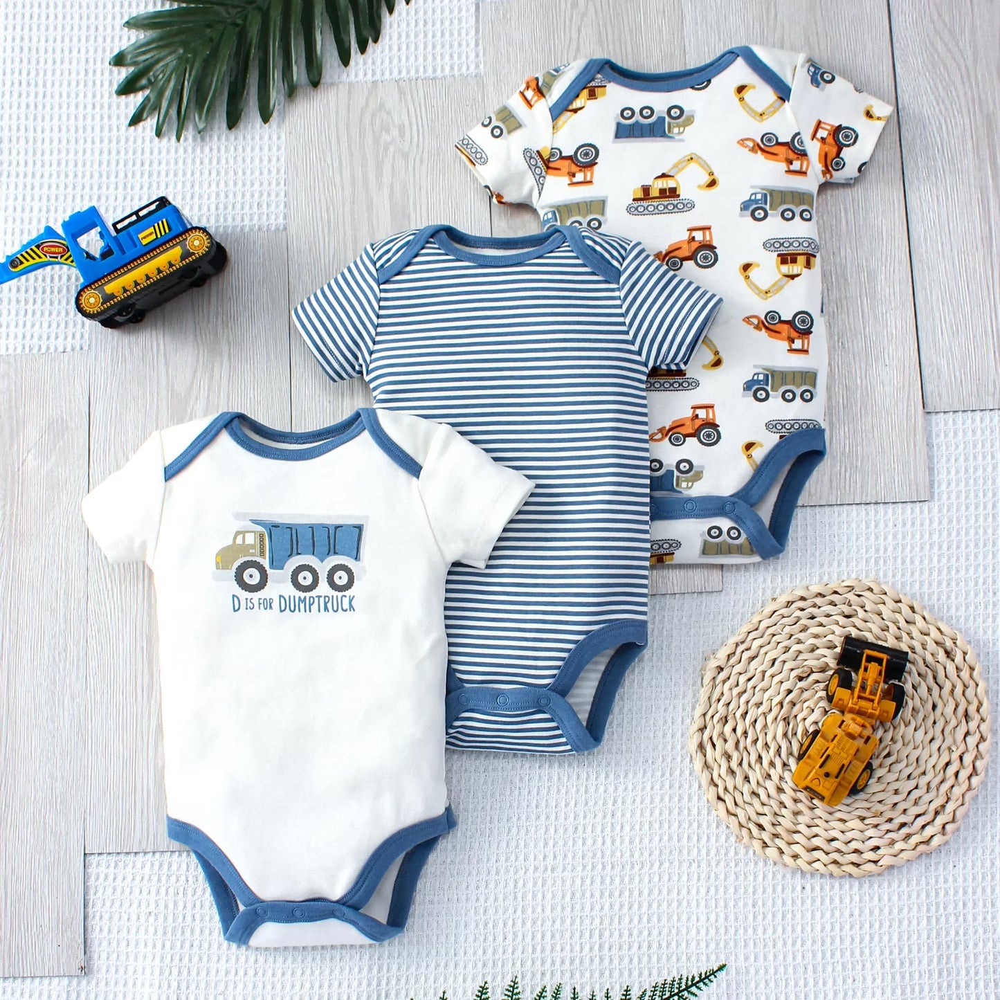 3PCS Summer Baby Bodysuit Set – Dinosaur & Stripe Pattern for Boys 0-9 Months