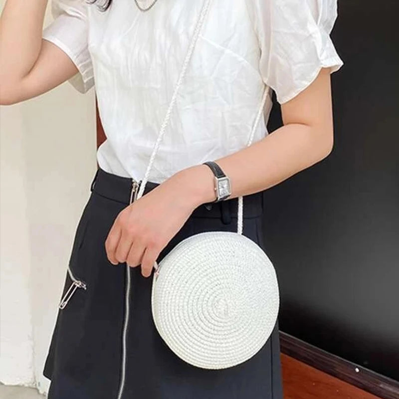 Round Straw Woven Beach Crossbody Bag – Cute Rattan Shoulder Handbag for Women