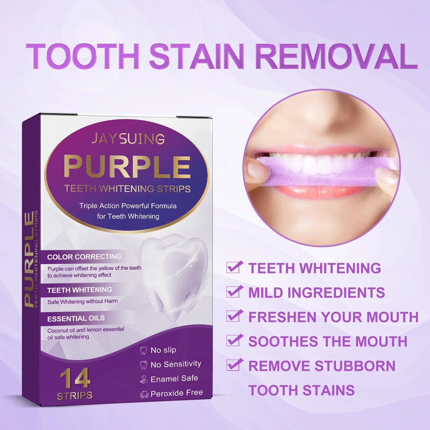 Purple Teeth Whitening Strips – Remove Stains, Fresh Breath & Brighten Smile