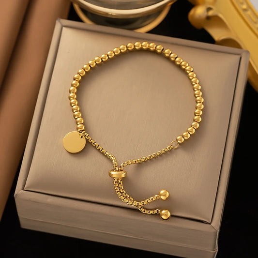 Stainless Steel Golden Bead Bracelet – Adjustable Women’s Fashion Jewelry