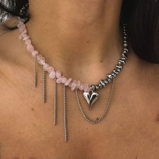 Elegant Irregular CCB & Pink Stone Beads Heart Pendant Necklace – Women’s Choker for Dinner & Valentine’s