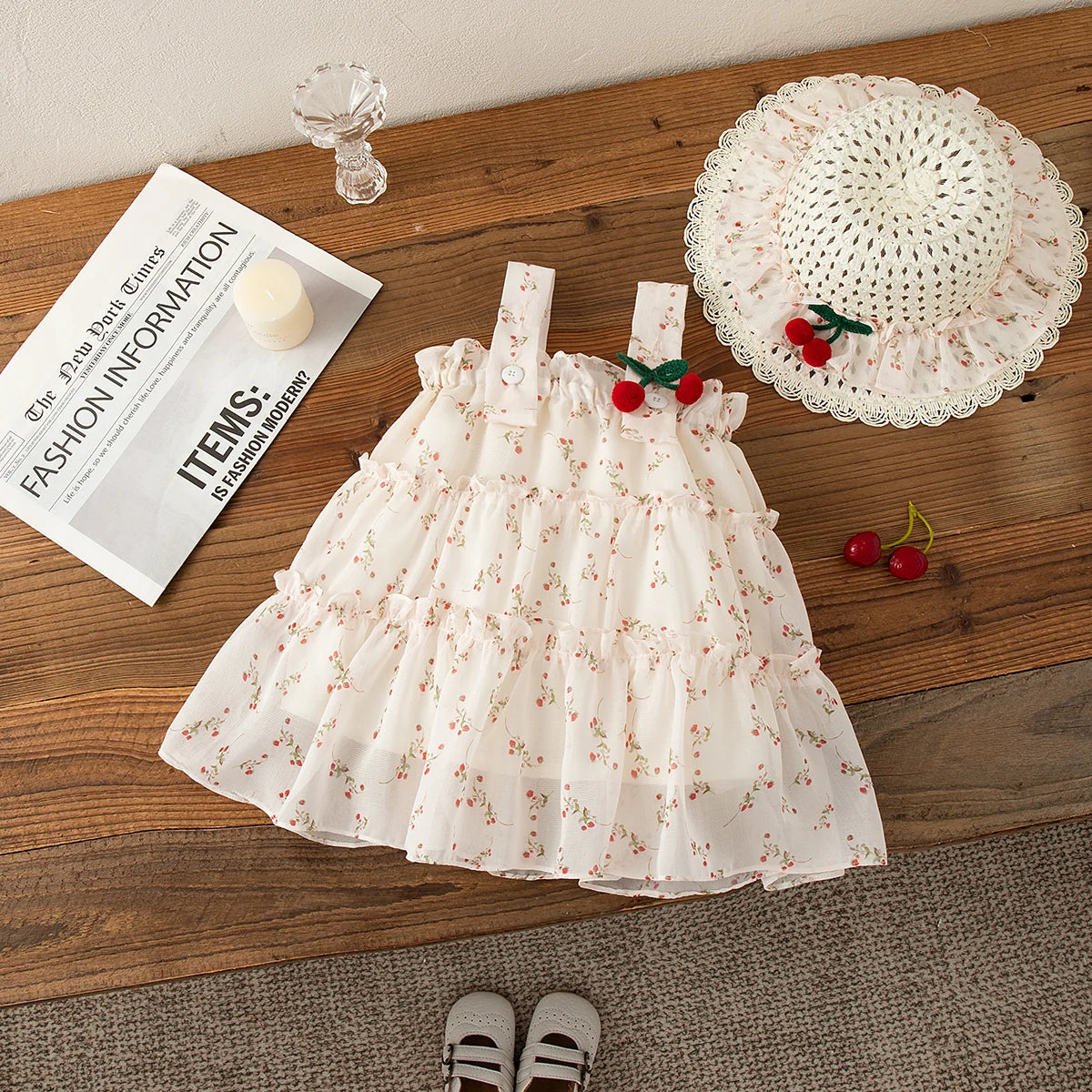 Baby Girl Summer Dress – Floral Cherry Print Halter Princess Outfit