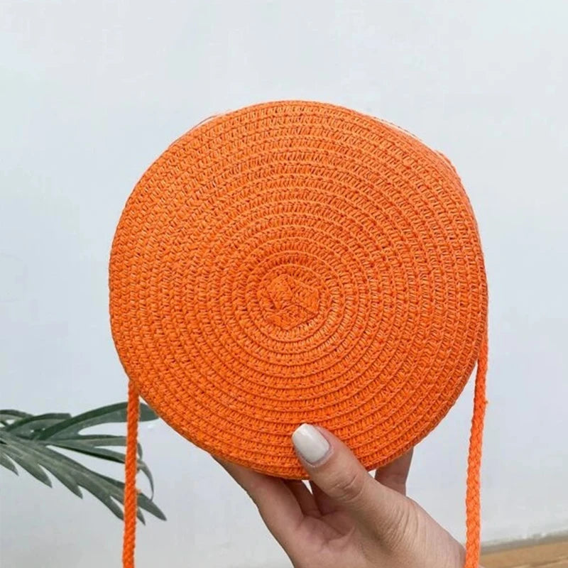 Round Straw Woven Beach Crossbody Bag – Cute Rattan Shoulder Handbag for Women