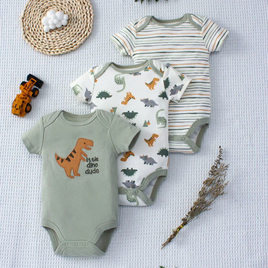 3PCS Summer Baby Bodysuit Set – Dinosaur & Stripe Pattern for Boys 0-9 Months