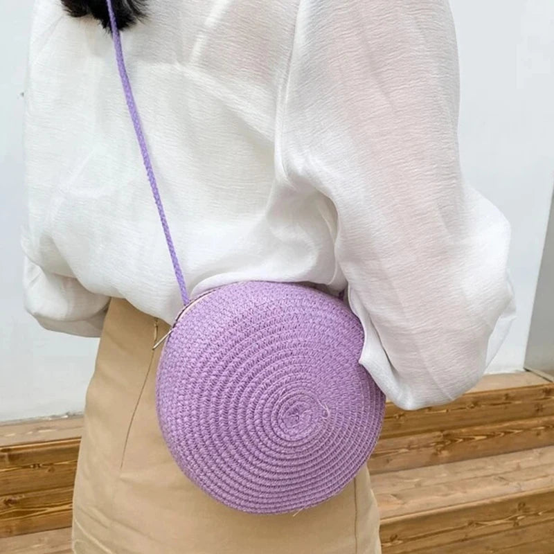 Round Straw Woven Beach Crossbody Bag – Cute Rattan Shoulder Handbag for Women