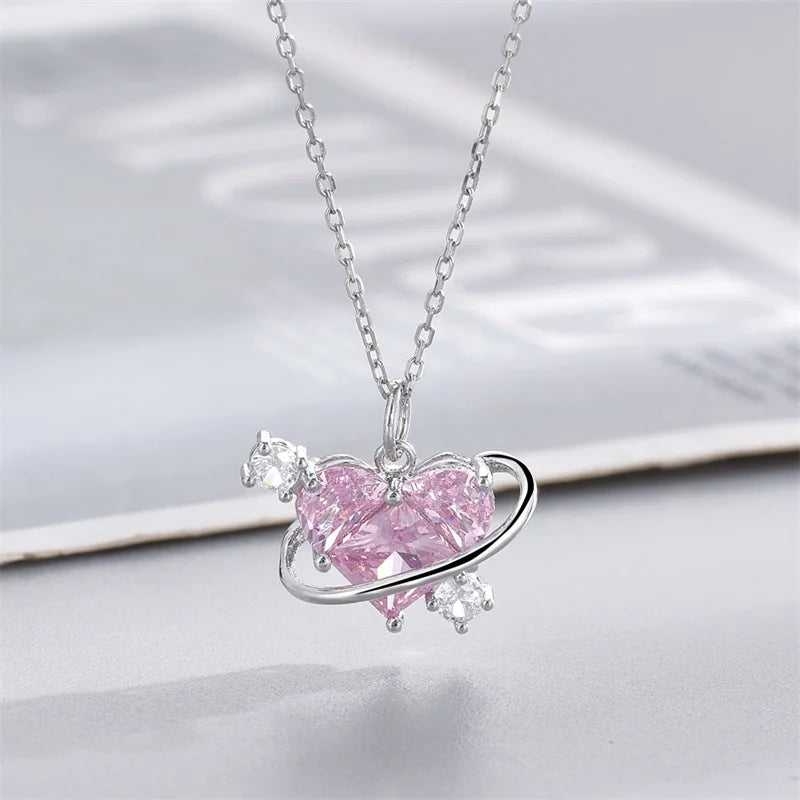 Y2K Pink Planet Heart Zircon Pendant Necklace – Aesthetic Clavicle Jewelry for Women