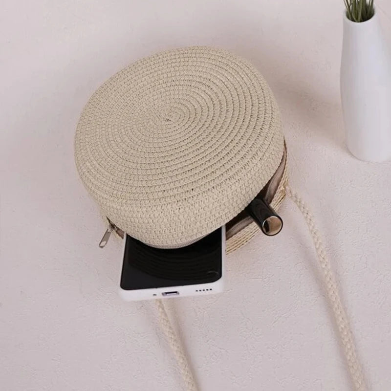 Round Straw Woven Beach Crossbody Bag – Cute Rattan Shoulder Handbag for Women