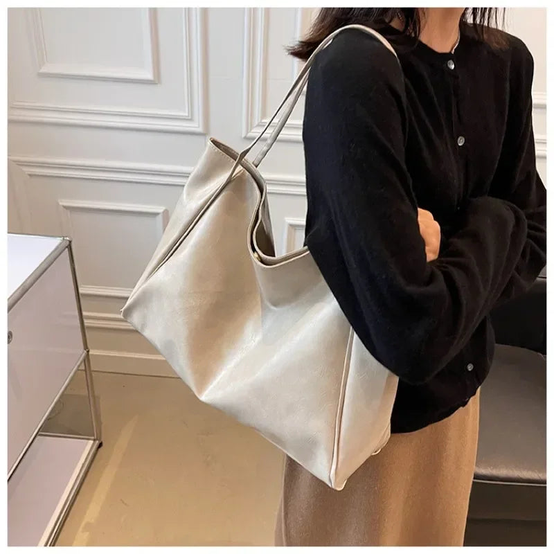 Women’s Retro PU Leather Tote – Large Soft Shoulder/Crossbody Bucket Bag