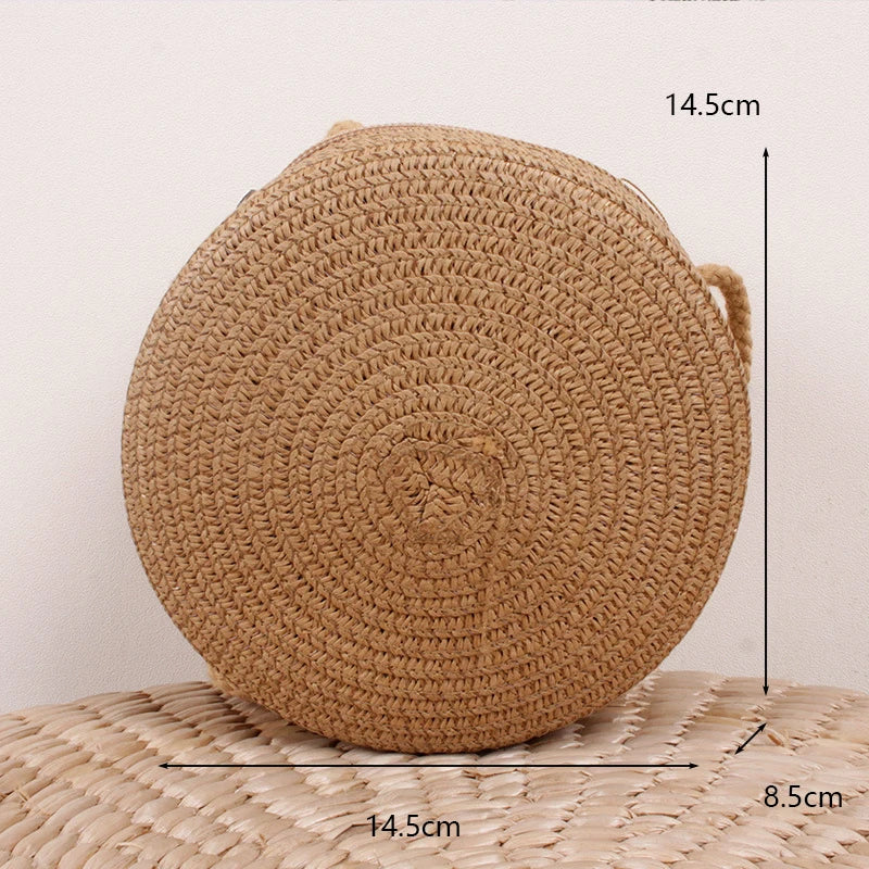 Round Straw Woven Beach Crossbody Bag – Cute Rattan Shoulder Handbag for Women