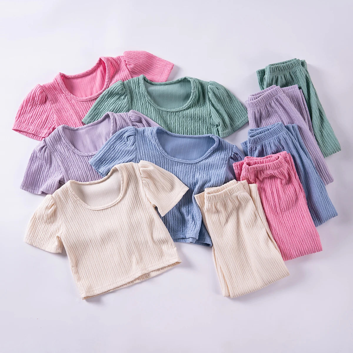 Girls Solid Color Suspenders Dress Set – Ruffles Top & Wide Leg Pants, Elegant Summer Outfit