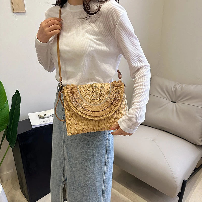 Raffia Straw Woven Wrist Clutch & Shoulder Crossbody Bag – Handmade Summer Beach Purse for Women