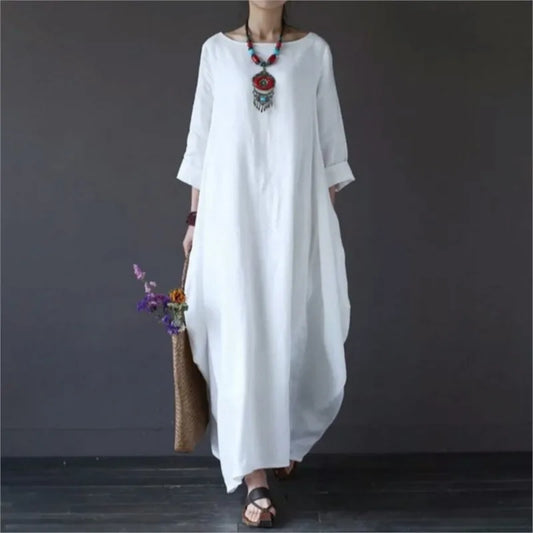 Vintage Cotton Linen Maxi Dress – Loose Fit & Summer Style