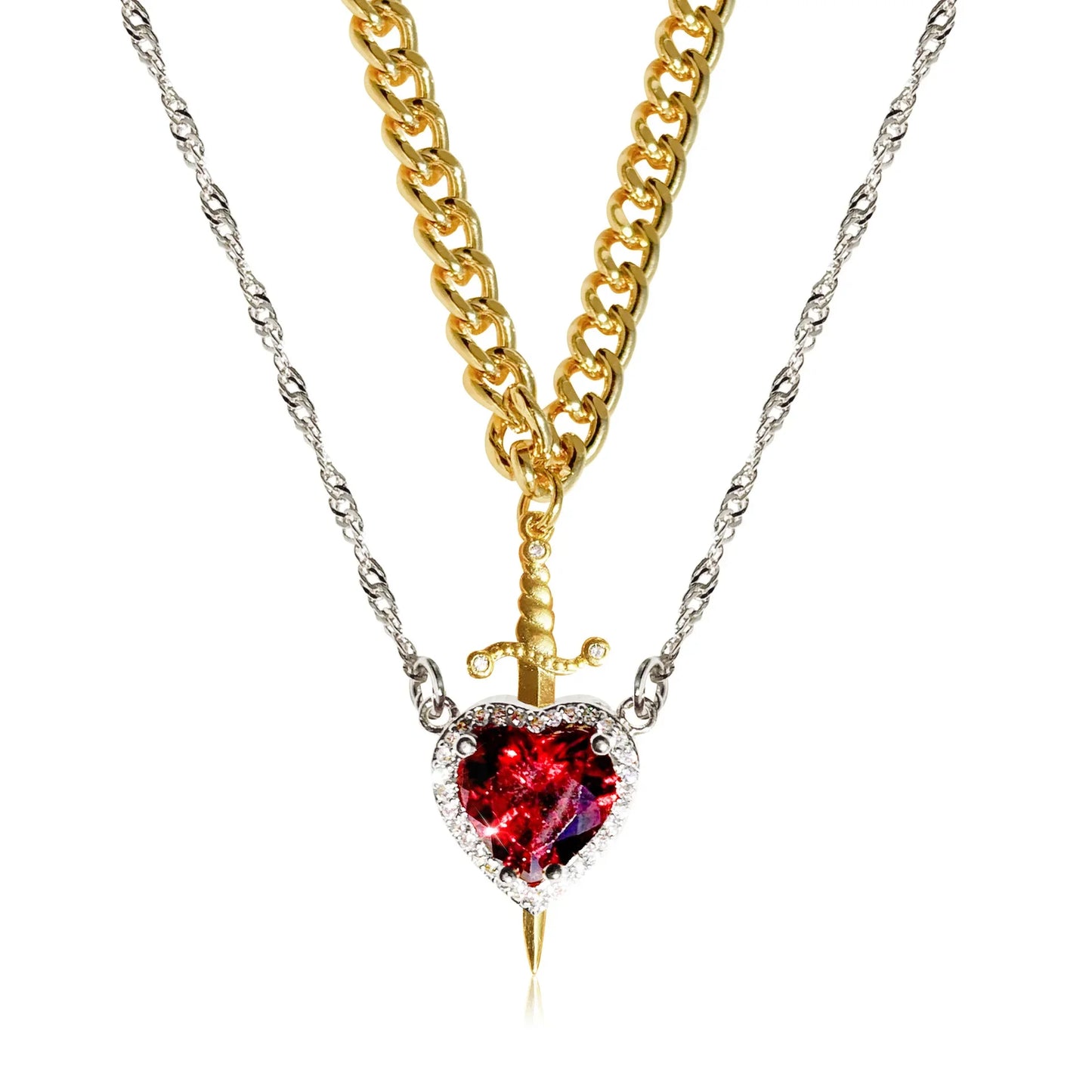 Heart & Sword Couple Necklace – 18K Gold Plated Stainless Steel Zircon Jewelry Set