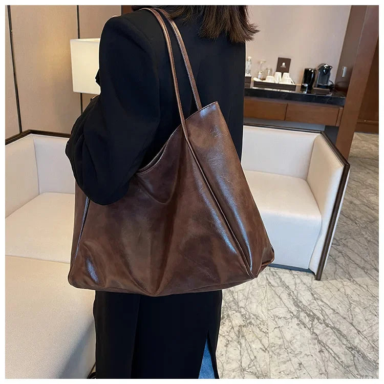 Women’s Retro PU Leather Tote – Large Soft Shoulder/Crossbody Bucket Bag
