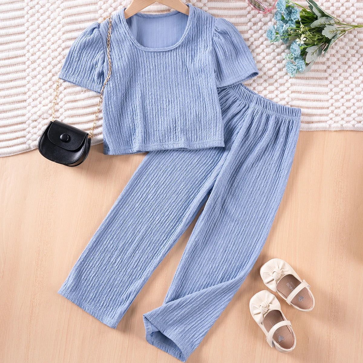 Girls Solid Color Suspenders Dress Set – Ruffles Top & Wide Leg Pants, Elegant Summer Outfit