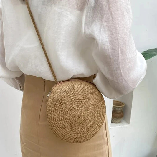 Round Straw Woven Beach Crossbody Bag – Cute Rattan Shoulder Handbag for Women