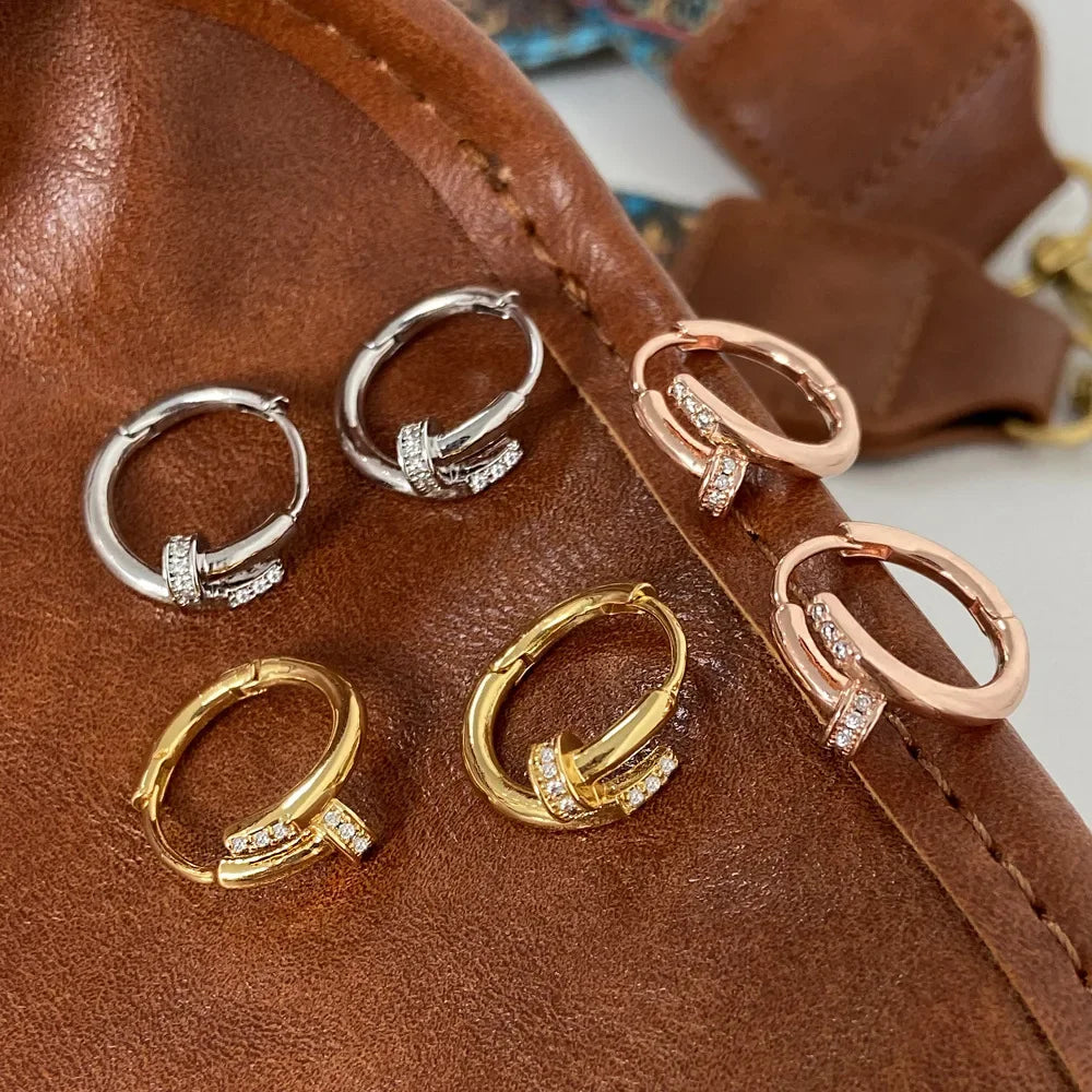 925 Sterling Silver Zircon Nail Hoop Earrings – Minimalist Trendy Jewelry for Women